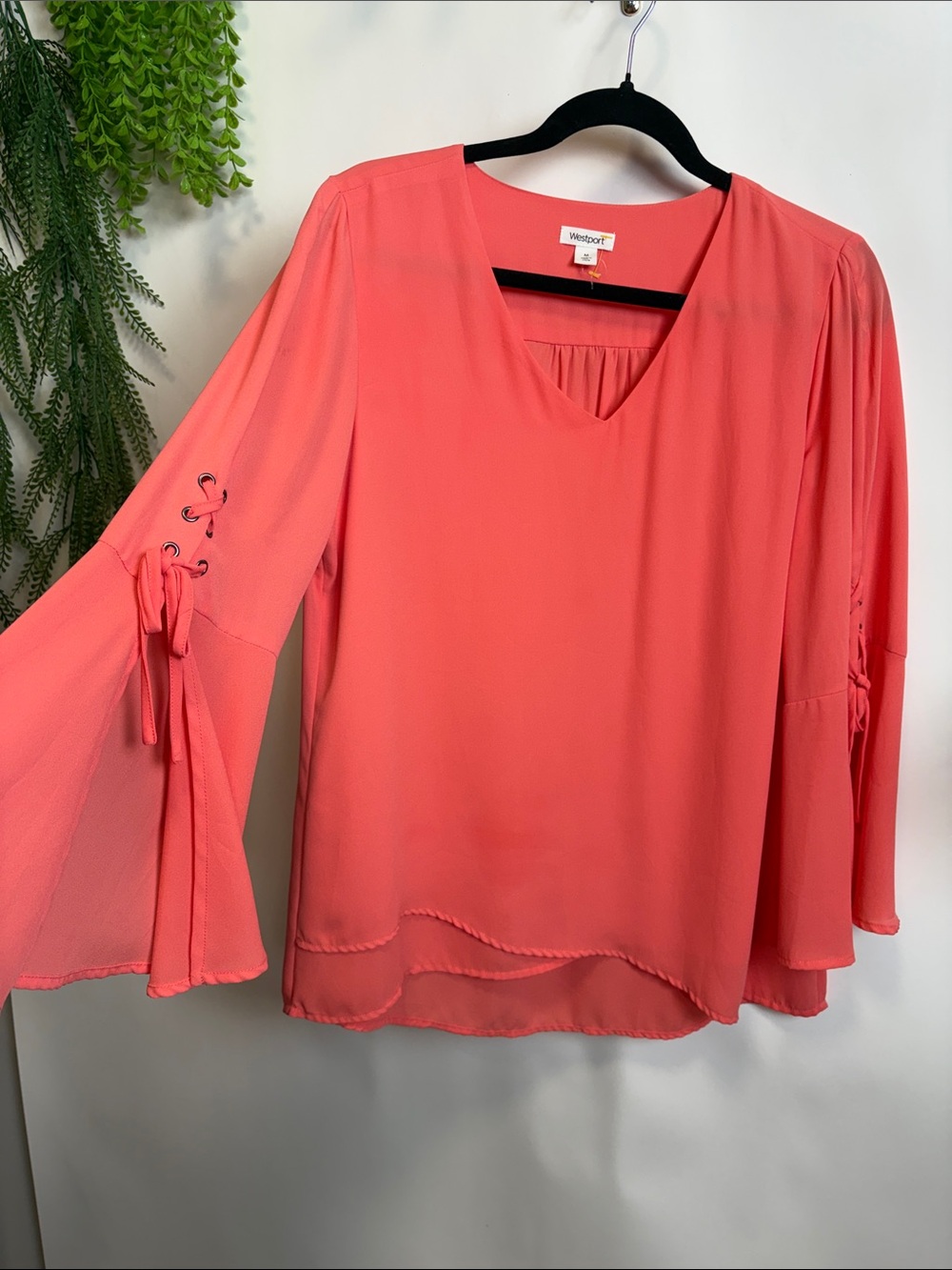 Westport Coral-Peach Lace-Up Bell Sleeve V-Neck Blouse